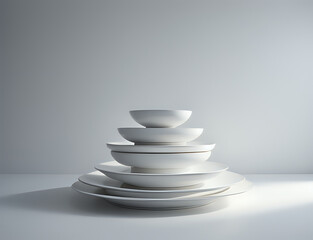 A stack of white plates sitting on top of a white table, wash the dishe