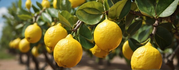 Close up of lemons hanging on a lemon tree on a lemon tree plantation. Generative AI.
