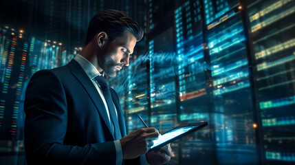 Fototapeta premium Astute businessman evaluating monetary data, plotting the course for enduring investment augmentation, in a sleek financial hub