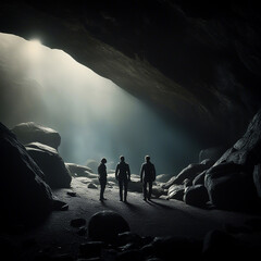 Silhouette image of people doing research in the cave