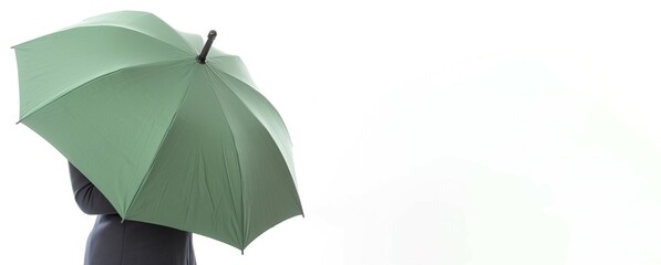 Back view of woman with green open umbrella banner. Waterproof protective accessory from rain and sun. Generate ai
