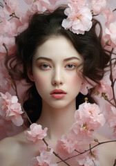 A woman with an elegant flower headpiece, Korean makeup style on her face, and flawless skin, Generative AI