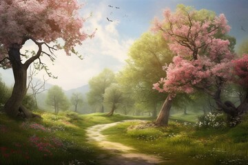 A scenic view of a vibrant spring landscape filled with lush trees, blooming flowers, and delicate butterflies. Generative AI