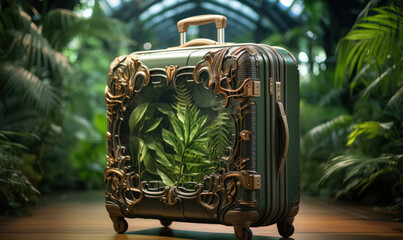 A suitcase adorned with beautiful green leaves, eco-friendly materials, generative AI