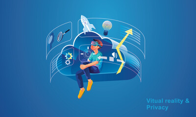 Businessman wearing a VR headset floating in cyberspace. Simulation of the virtual digital world for entertainment and visual experience in the metaverse. Flat vector illustration