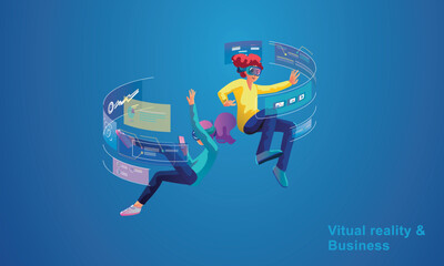 A woman wearing a VR headset floating in cyberspace. Simulation of the virtual digital world for entertainment and visual experience in the metaverse. Flat vector illustration
