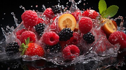 The splash of mix berries with water, high speed photography, on plain black background, AI...