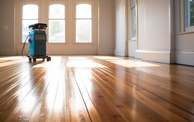 Floor sanding and Remodeling. Renovating a wooden floor. Home renovation, fix-and-flip real estate investment. - obrazy, fototapety, plakaty