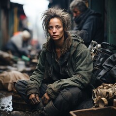 Fototapeta premium homeless woman sitting on the street and smiles