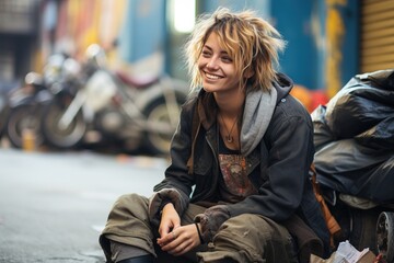 homeless woman sitting on the street and smiles