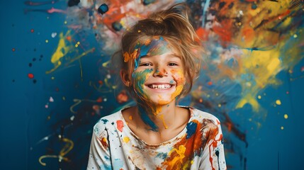 A portrait of a young student artist, splatters of paint on the face, set against a playful multicolor backdrop. copy space. candid passion of youth. generative AI