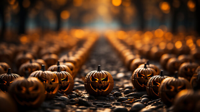 Eerie close-up of Halloween pumpkins with scary carved expressions ready to spook