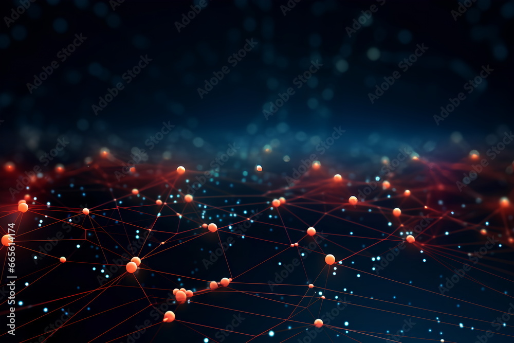 Poster Technology abstract network with a cyber network grid and connected particles. Big data visualization. Digital dots and lines