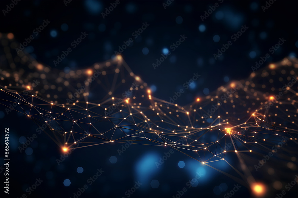Poster Technology abstract network with a cyber network grid and connected particles. Big data visualization. Digital dots and lines