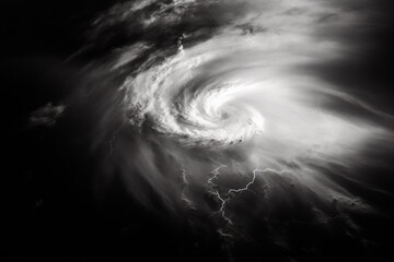 Nature, science, meteorology and landscape concept. View from space of massive hurricane or tornado with lightnings