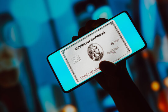 October 21, 2023, Brazil. In this photo illustration, the Platinum Card from American Express is displayed on a smartphone screen.