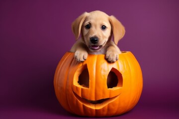 Adorable puppy with pumpkin Jack O'Lantern on purple background for Halloween