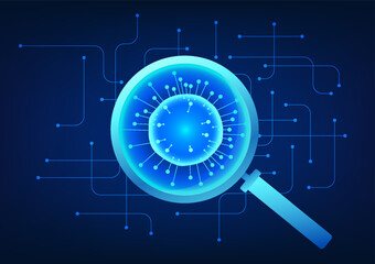 Search technology Magnifying glass that looks at viruses Equipped with a technological circuit board on the back. Refers to finding viruses on the technology side. for Cybersecurity and Data Privacy