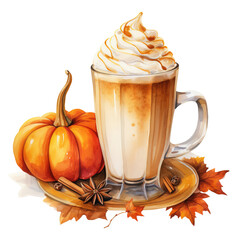 Cup of Ice Cream and Pumpkin Watercolor Clip Art Illustration, Isolated on White or Transparent Background, PNG