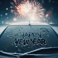 happy new year written with a finger on an icy car window. New years fireworks in the background 