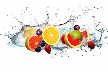 Fresh fruit slices immersed in water with a delightful splash of juice on a white background. Generative AI