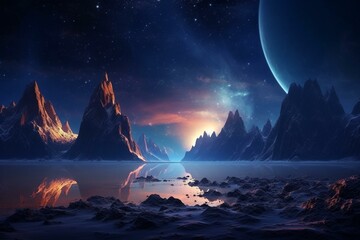 Breathtaking alien landscape with expansive mountains under a starlit sky. Generative AI
