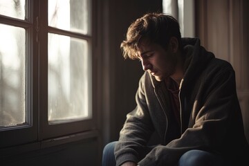 Depressed sad looking young man near a window. Dramatic concept for mental illness, depression, grief.