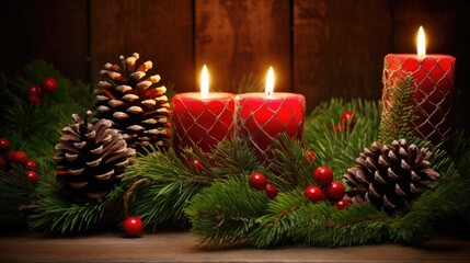 Christmas glowing burning candles, lights and holiday decorations Advent Background. Christmas Decoration With Ornament. Festive mood. Cozy, magical home atmosphere..