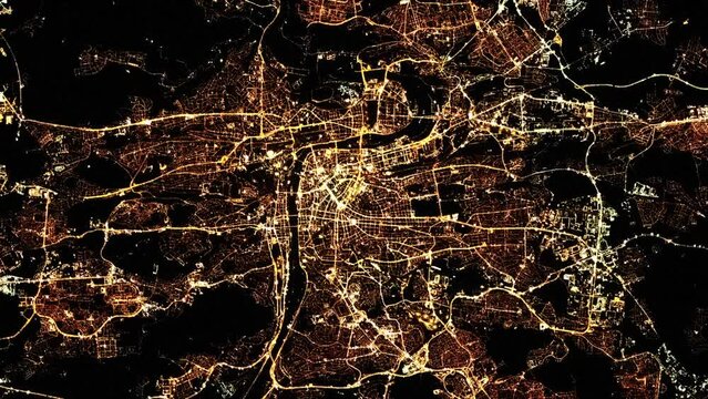 Flying over city, view from satellite, night lights of Prague, Czechia. Animation based on image by Nasa