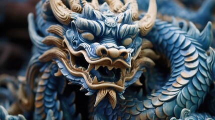 Fototapeta na wymiar Blue wooden Chinese dragon statuette background. Navy Dragon's face of figurine. Happy Chinese new year 2024 Wallpaper concept..