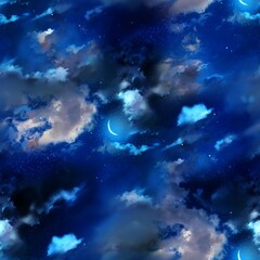 Naklejka na ściany i meble Deep blue color's sky and fluffy clouds background seamless pattern illustration
