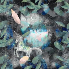 星降る夜の青い森を駆けるユニコーンと鳩と中世のお城のシームレスパターンイラスト