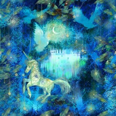 Fototapeta premium 星降る夜の青い森を駆けるユニコーンと鳩と中世のお城のシームレスパターンイラスト
