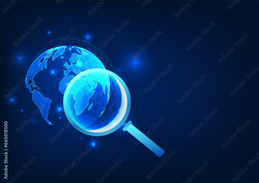 Poster search technology a magnifying glass that looks at the globe equipped with technological connection 
