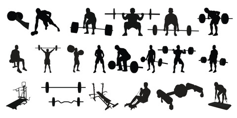 Gym Exercises silhouettes Vector Illustration. Bodybuilder and Gym Elements Silhouette Set.
