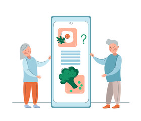 Senior couple with proper foods for elderly. Healthy nutrition for old people , healthy aging. Mobile application for calorie counting. People counting calories with smartphone app. Counting calories 