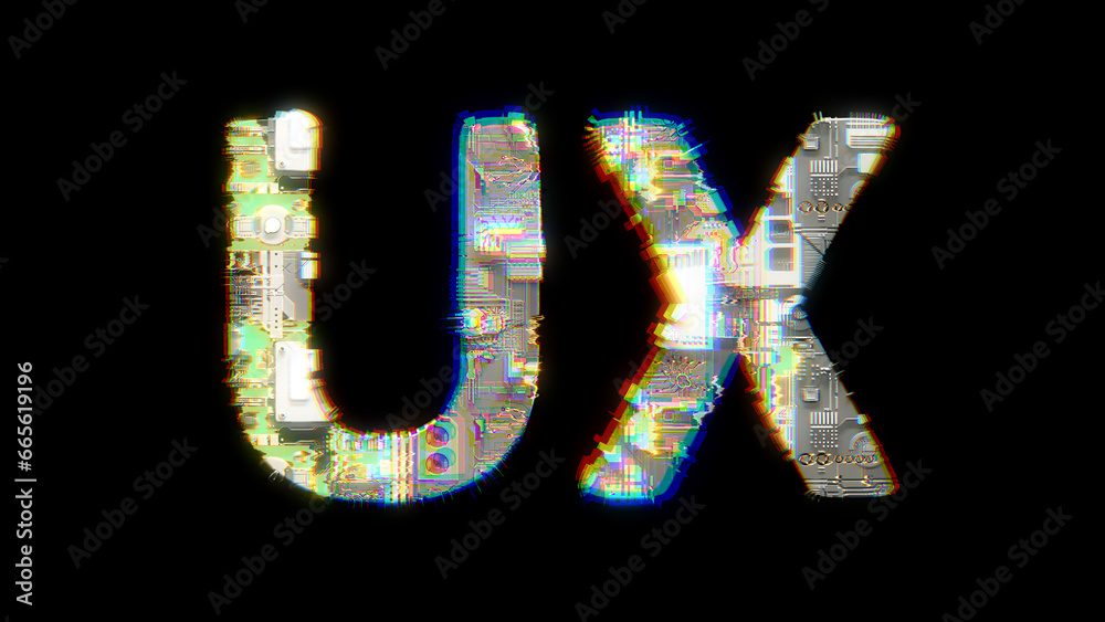 Poster glitch and chromatic aberrance cybernetic text ux on black, isolated - object 3d rendering
