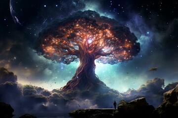 Majestic cosmic tree of life grows on an extraterrestrial planet, surrounded by a dreamy universe and a gigantic asteroid. Generative AI - obrazy, fototapety, plakaty