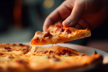A man takes a hot piece of pizza with his hand