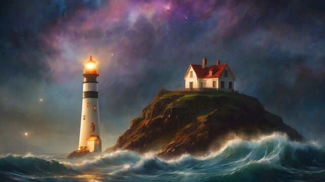 Oil painting of a lighthouse in a storm 
