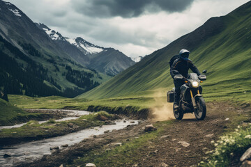 Male biker on motorcycle rides off-road in mountains in highlands, beautiful mountain landscape, cloudys sky, nature environment. Active leisure, travel, sport concept. Generative ai. - Powered by Adobe