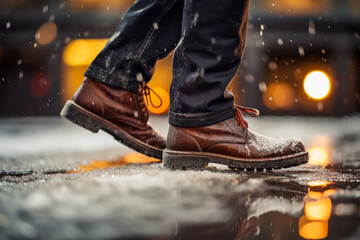 Close-up of a man's shoes walking in snowy street, side view. Bad winter weather - obrazy, fototapety, plakaty