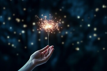 a human hand holding a christmas or new year festive party sparkler burning and shinning, fairy bokeh lights in the background