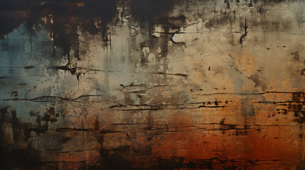 Obraz premium Wall with peeling paint and rust stains in orange black blue colors giving it a grungy industrial feel.