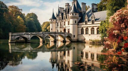 Fototapeta na wymiar a castle on the river with bridges