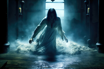 Obraz premium Lurking Shadows and Unseen Terrors: The Frightening Tale of a Possessed Woman or a Malevolent Ghost - Generative AI