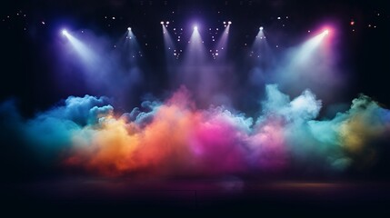 Illuminated stage with scenic lights and colorful smoke. Colorful vector spotlight with smoke volume light effect on black background. Stadium cloudiness projector. LGBTQ+
