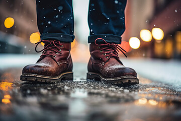 Close-up man feet in classic brown leather shoes standing on a snowy urban street, winter weather - Powered by Adobe