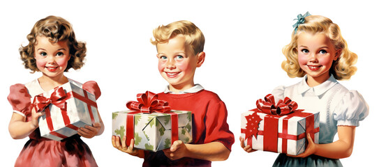 Children at Christmas with gifts. Concept design Vintage 1950s Christmas illustration