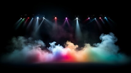 Illuminated stage with scenic lights and colorful smoke. Colorful vector spotlight with smoke volume light effect on black background. Stadium cloudiness projector. LGBTQ+